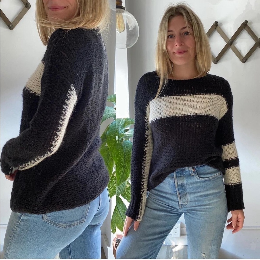 Pam & Gela Black Wool Blend Stripe Knit Sweater Womens Medium